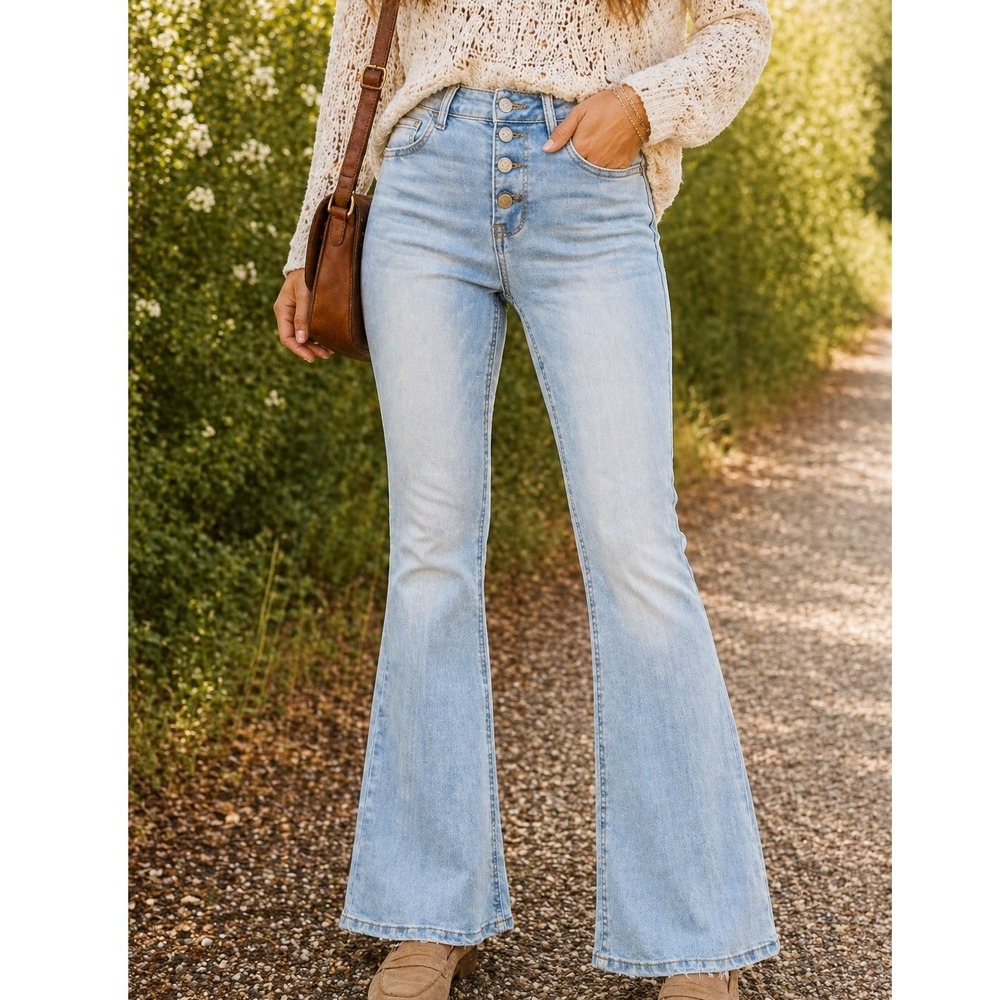 Fashion Nova Womens High Rise 6 Button Fly Flare Jeans Light Wash Blue Denim